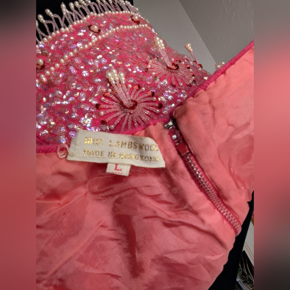 Women's Vtg Pink Lined 100% Lambswool Beaded Sequin Formal Sleeveless Tank Sz L - Picture 4 of 5